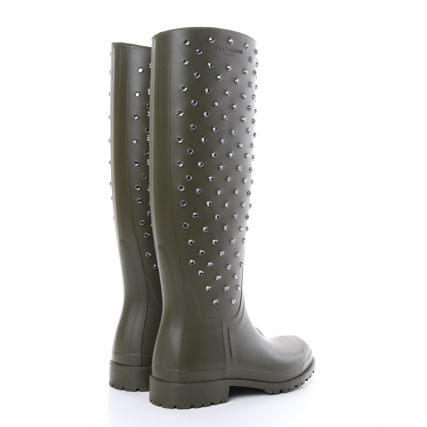 Saint Laurent Rubber Studded Festival Rain Boots 37 New Kaki Fonce 4 of 9