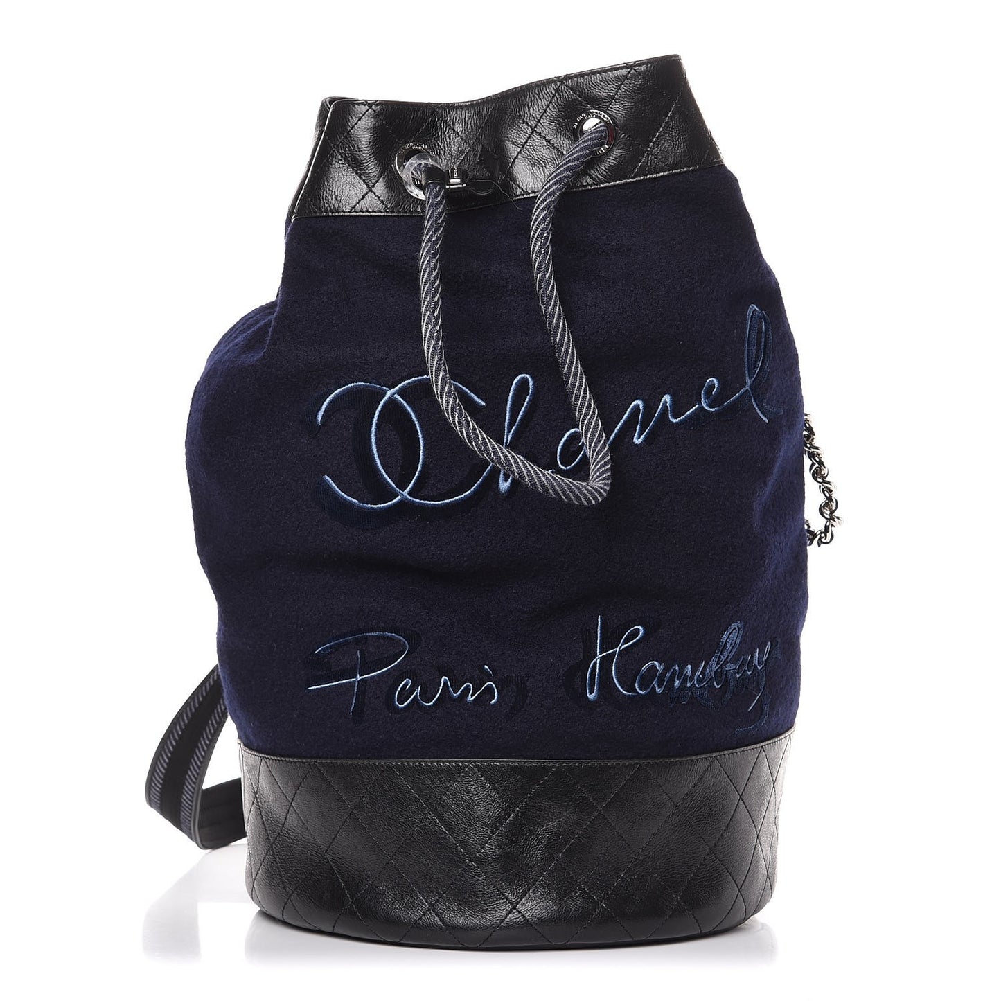 Wool Calfskin Embroidered Paris Hamburg Drawstring Backpack Navy Blue