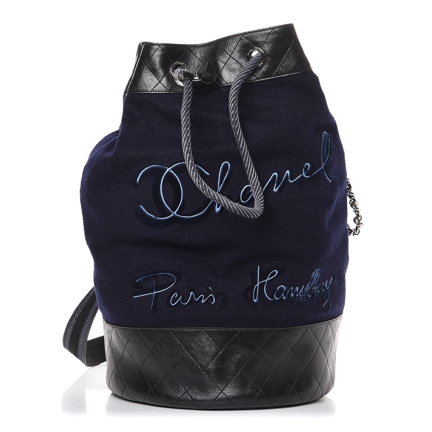Chanel Wool Calfskin Embroidered Paris Hamburg Drawstring Backpack Navy Blue 1 of 9