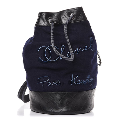 Chanel Wool Calfskin Embroidered Paris Hamburg Drawstring Backpack Navy Blue 1 of 9