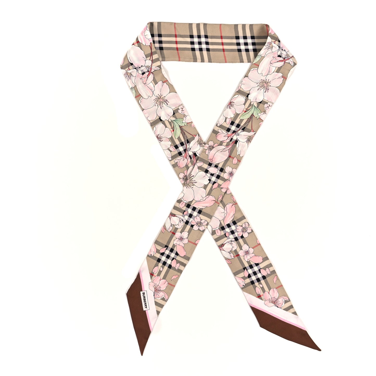 Silk Floral Check Print Skinny Scarf Beige