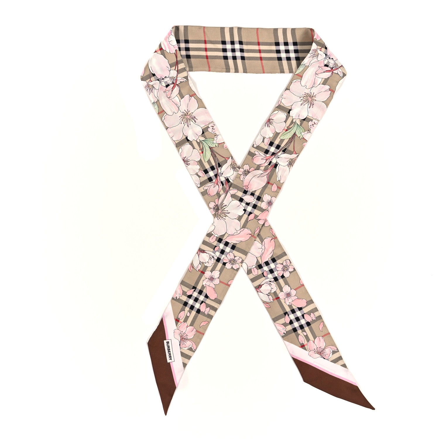 Burberry Silk Floral Check Print Skinny Scarf Beige 1 of 3