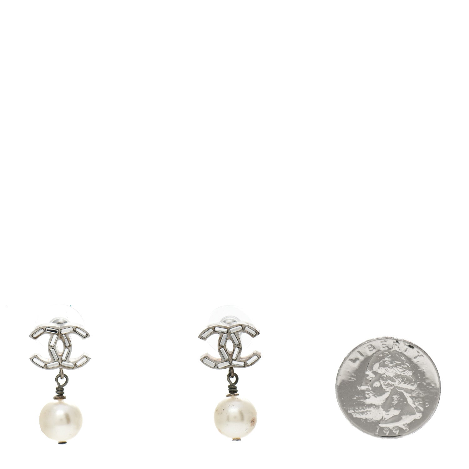 Chanel Baguette Crystal Pearl CC Drop Earrings Silver 2 of 5