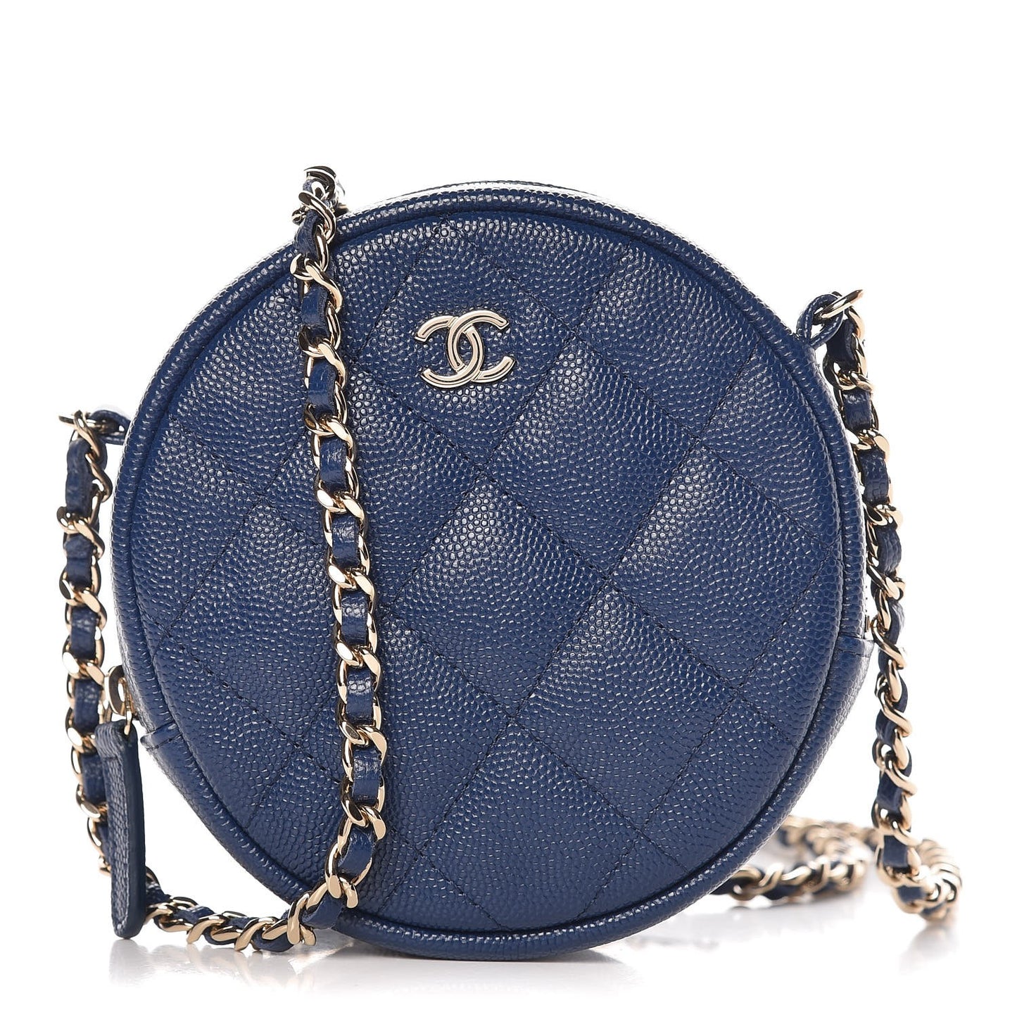 Caviar Quilted Round Clutch With Chain Navy