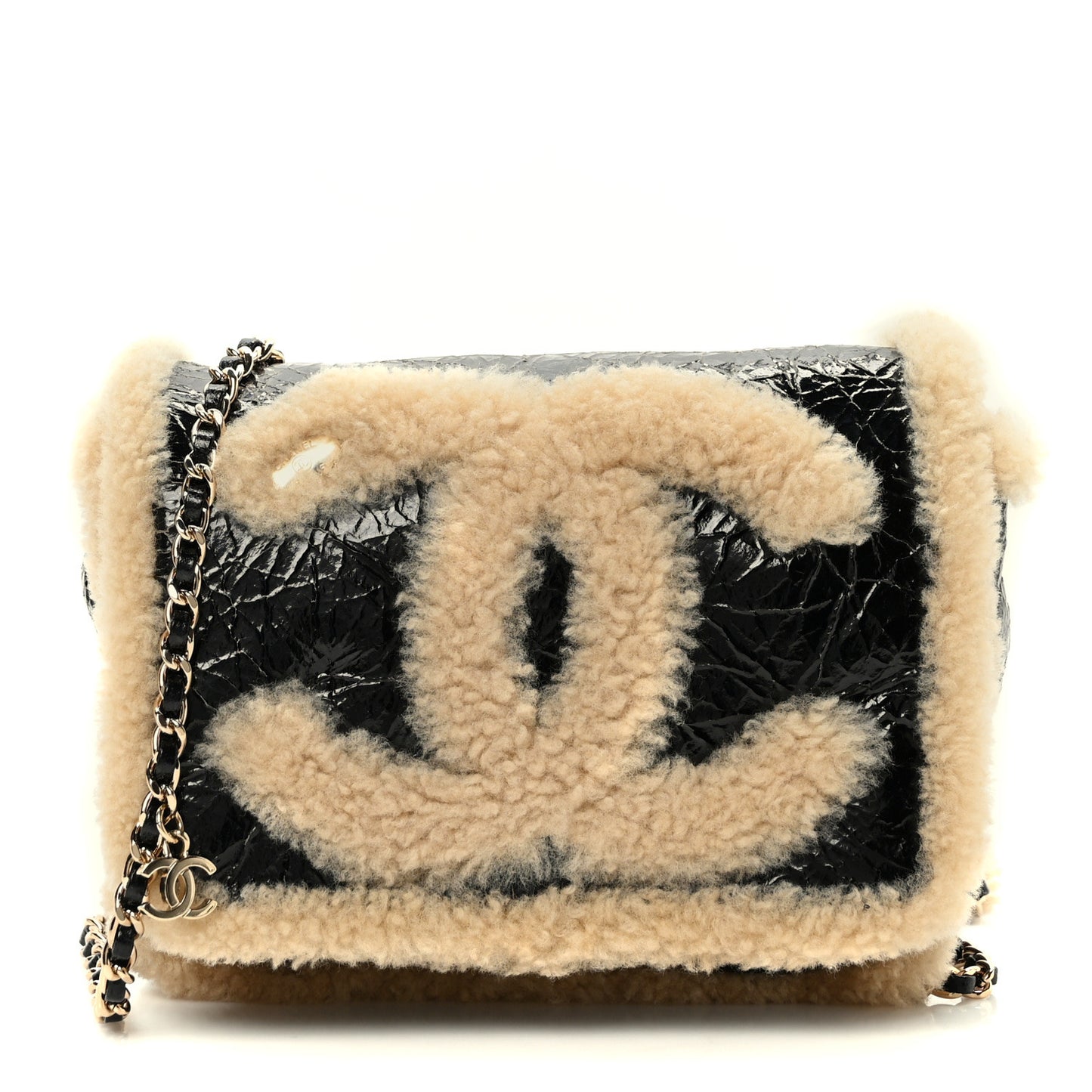 Shiny Crumpled Sheepskin Shearling CC Mania Flap Bag Black Beige