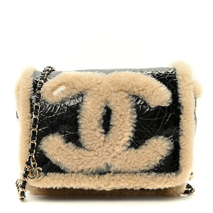 Chanel Shiny Crumpled Sheepskin Shearling CC Mania Flap Bag Black Beige 1 of 10