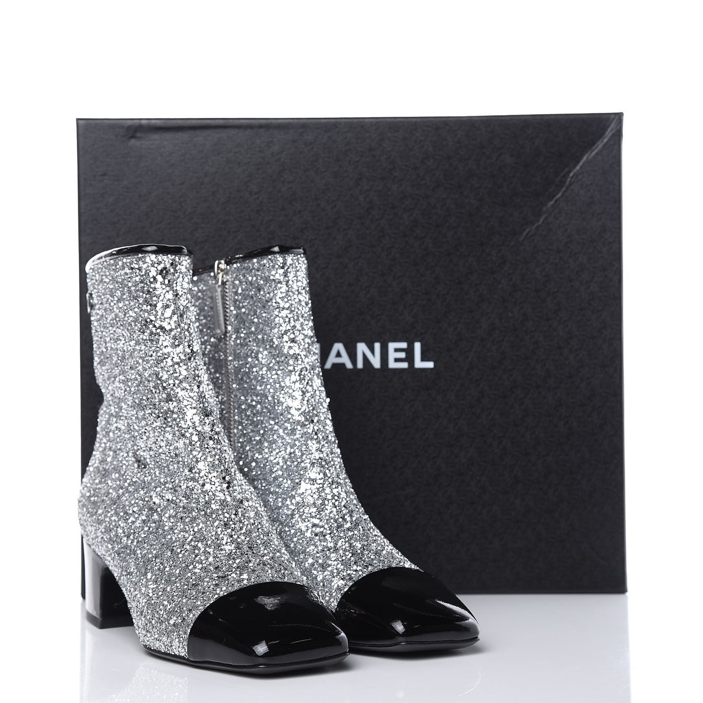Glitter Patent Cap Toe Short Boots 38 Silver