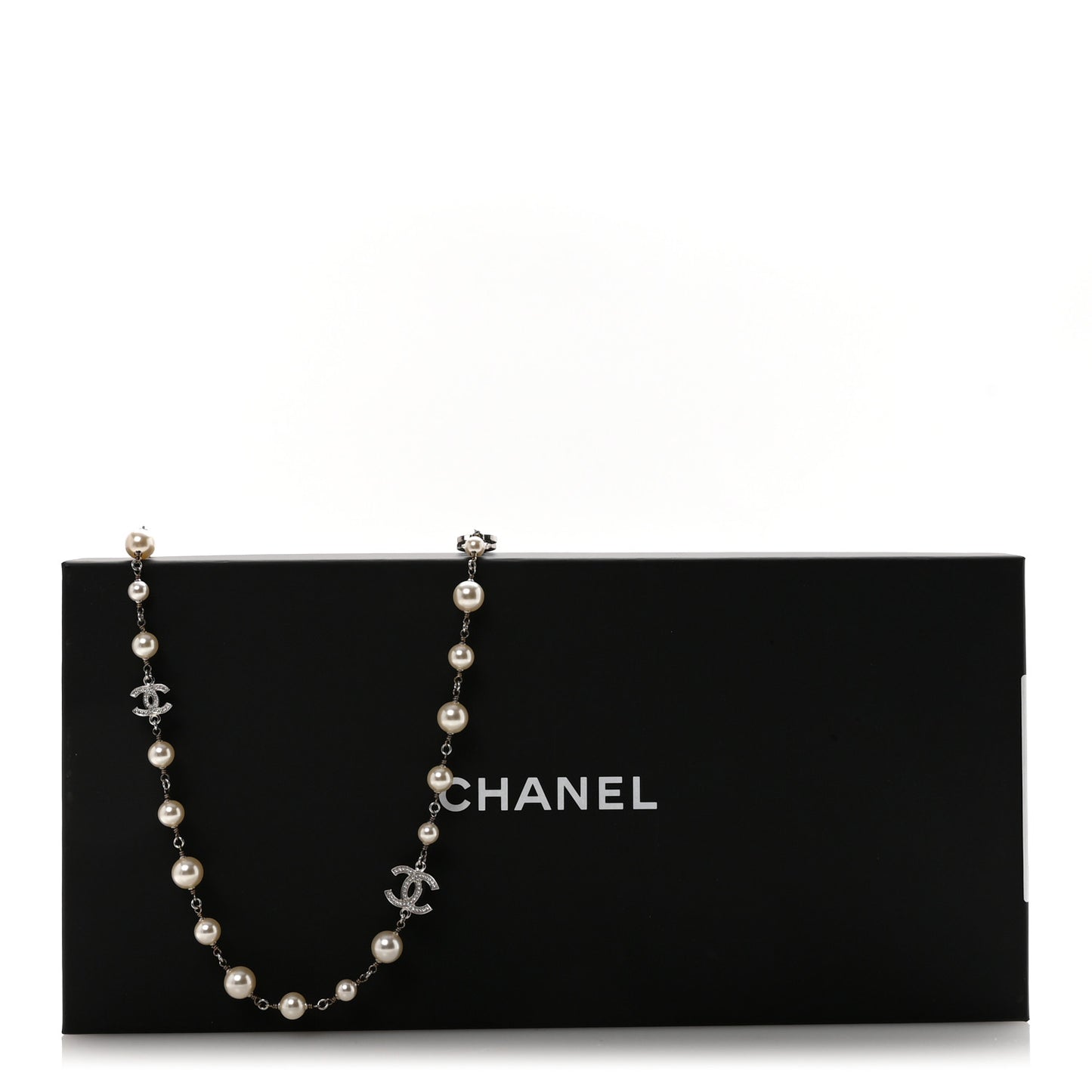 Crystal Pearl CC Long Necklace Silver