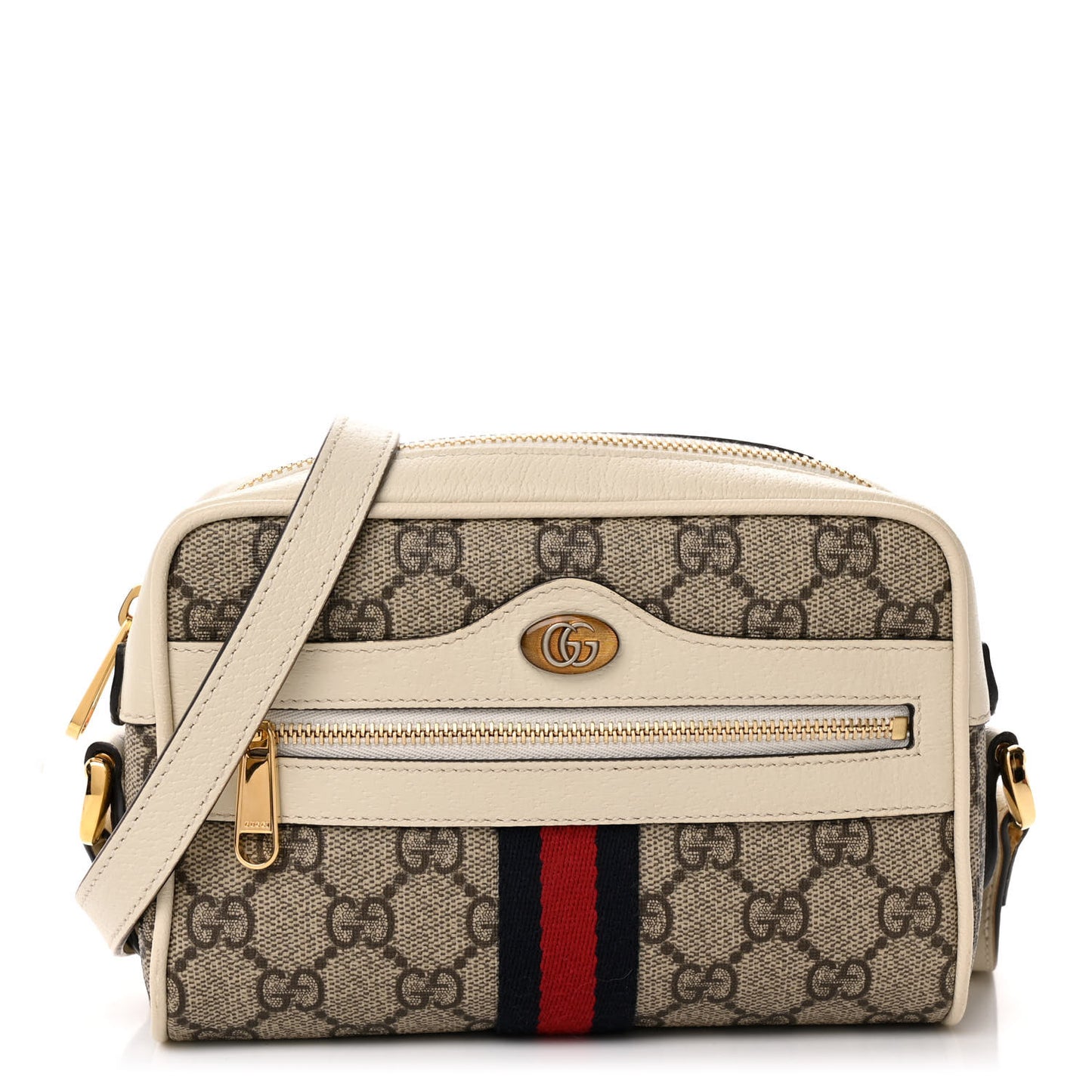 GG Supreme Monogram Textured Calfskin Web Mini Ophidia Shoulder Bag Beige Ebony Mystic White