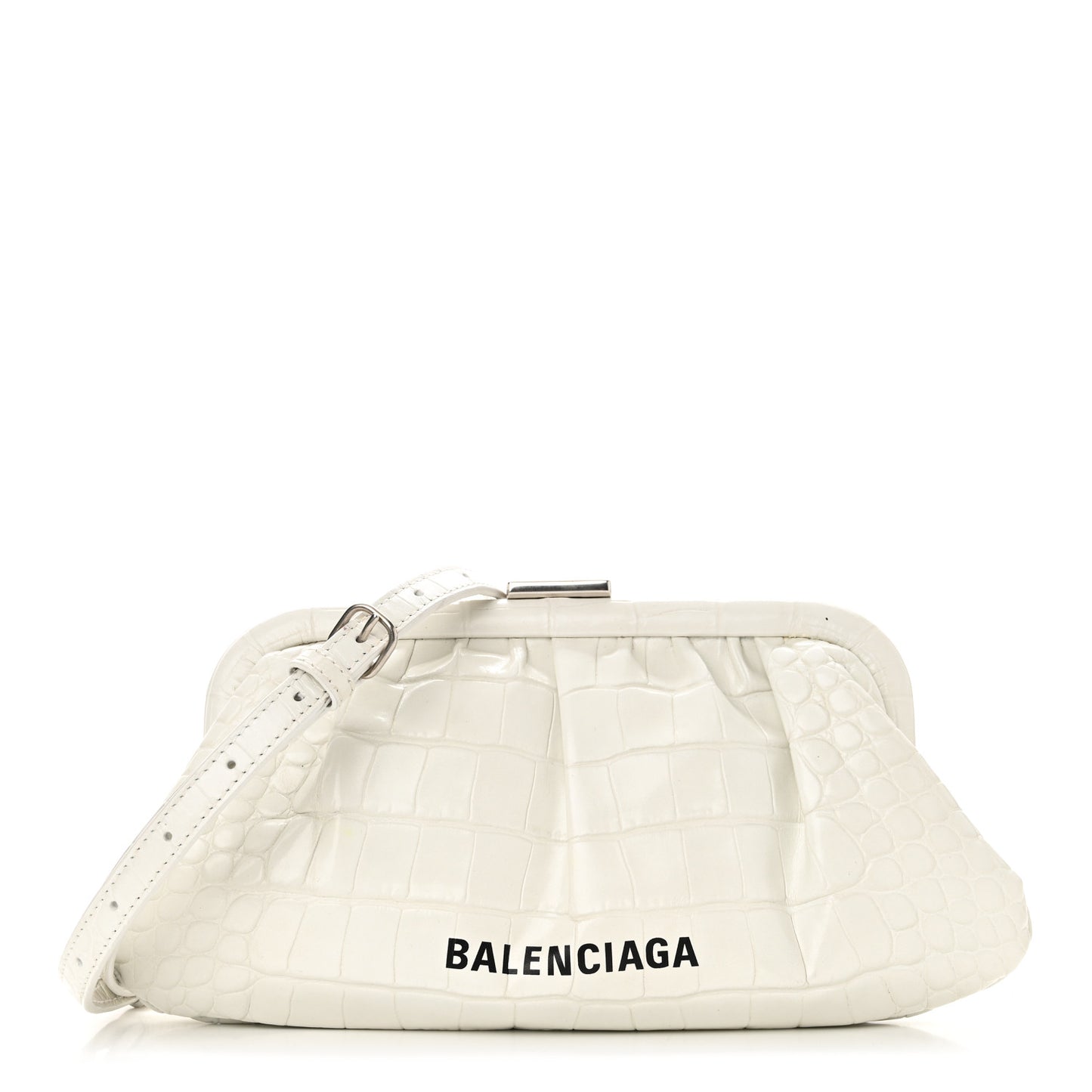 Shiny Supple Calfskin Logo Crocodile Embossed Cloud Clutch XS White