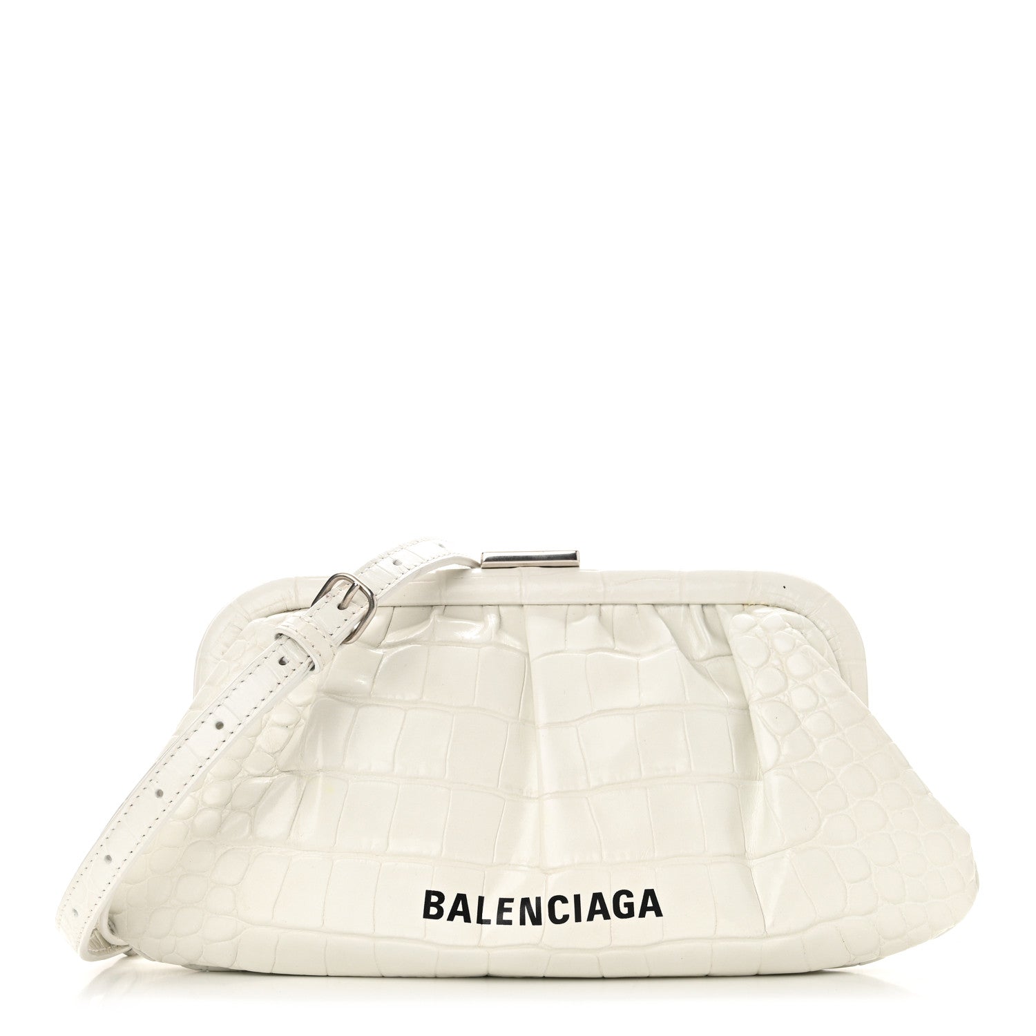 Balenciaga Shiny Supple Calfskin Logo Crocodile Embossed Cloud Clutch XS White 1 of 11