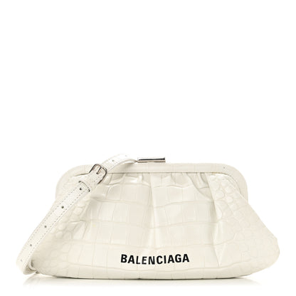 Balenciaga Shiny Supple Calfskin Logo Crocodile Embossed Cloud Clutch XS White 1 of 11