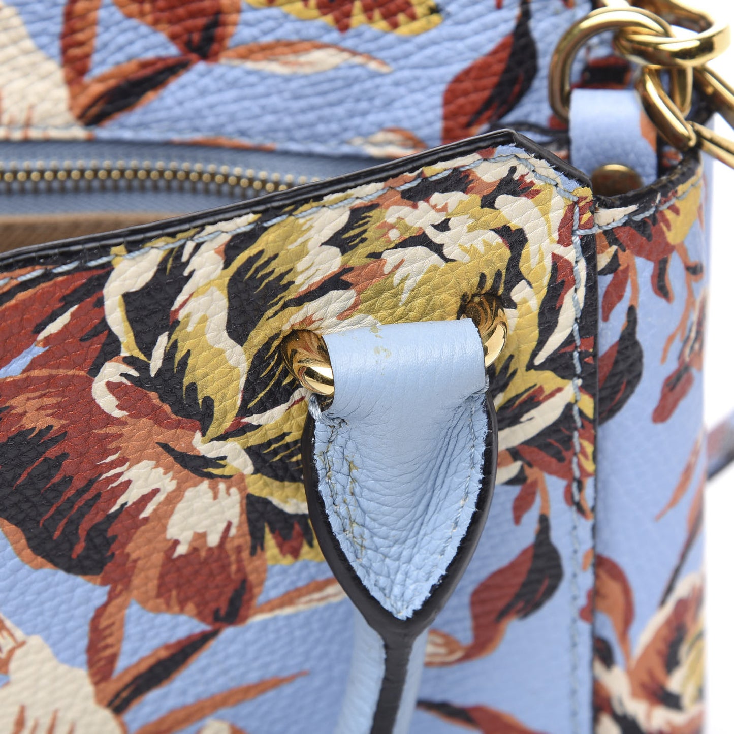 Soft Grain Calfskin Floral Print Medium Buckle Tote Peony Rose Pale Blue Vibrant Orange