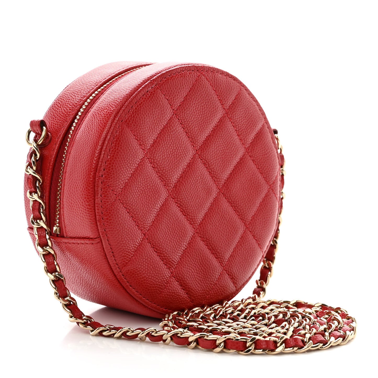Caviar Quilted Round Clutch With Chain Red
