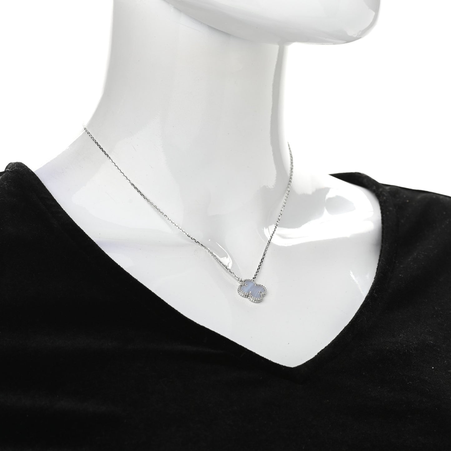 18K White Gold Chalcedony Vintage Alhambra Pendant Necklace