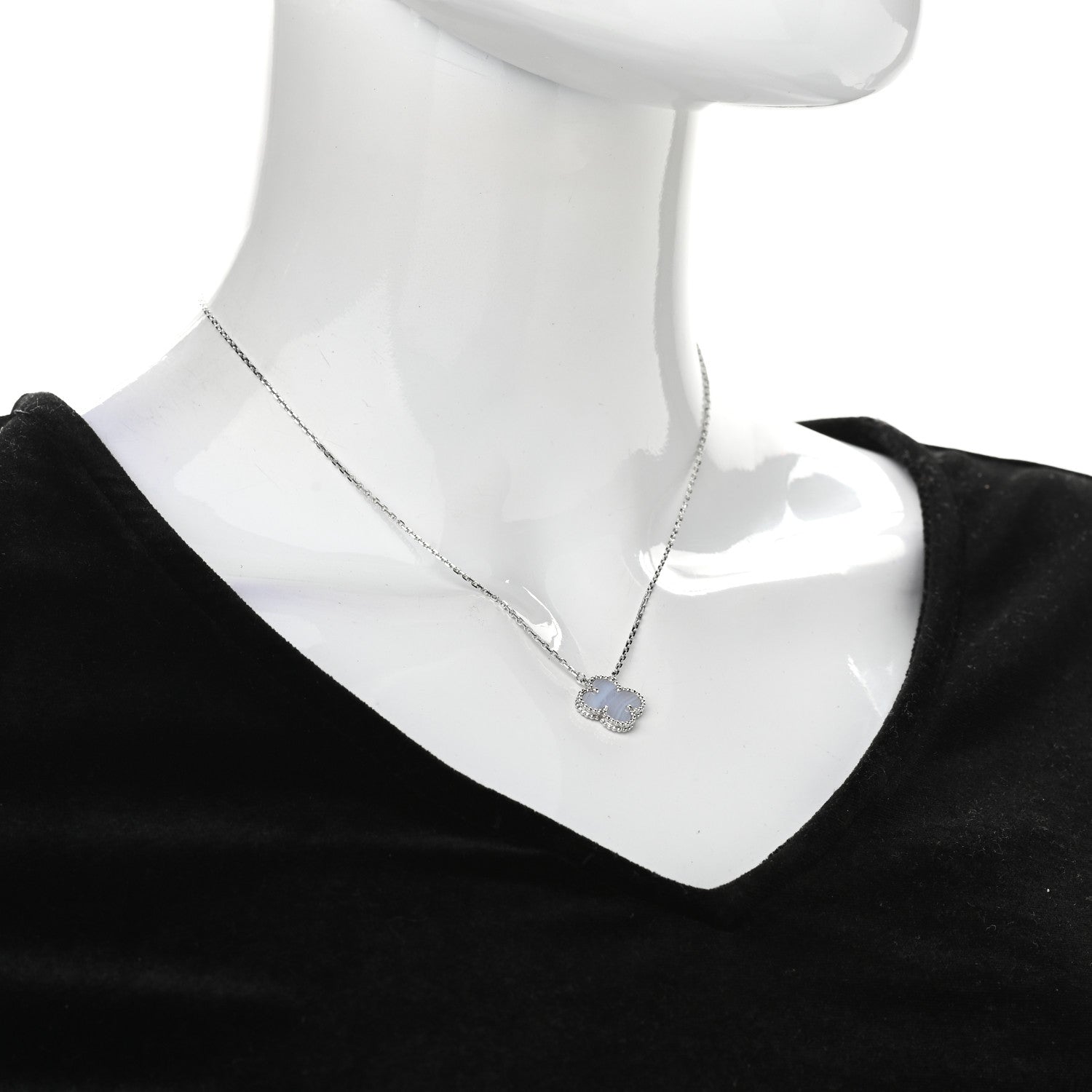 Van Cleef & Arpels 18K White Gold Chalcedony Vintage Alhambra Pendant Necklace 2 of 5