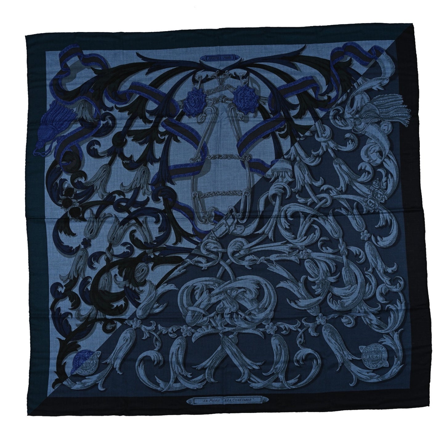 Cashmere Silk Le Mors a La Conetable Shawl 140 Marine Black Bleu Chine