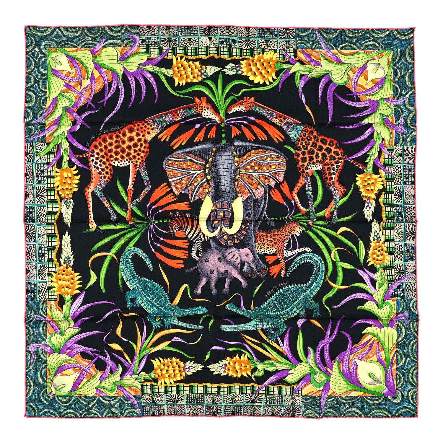 Hermes Silk La Marche Du Zambeze Scarf 90 Black Corail Vert 1 of 3