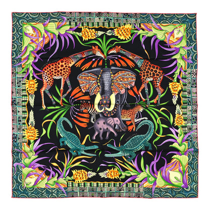 Hermes Silk La Marche Du Zambeze Scarf 90 Black Corail Vert 1 of 3