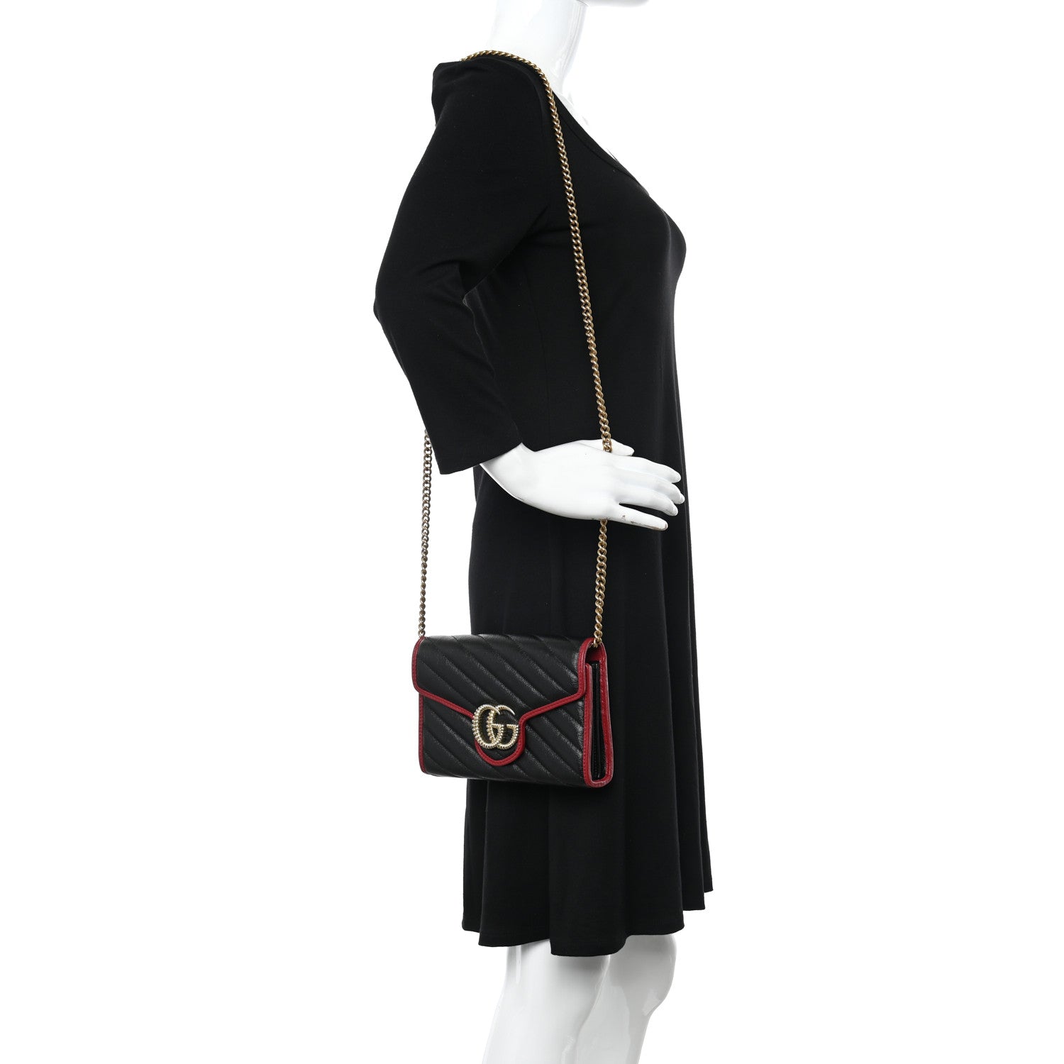 Gucci Vintage Effect Calfskin Matelasse Diagonal Torchon GG Marmont Chain Wallet Black Romantic Cherry 2 of 12