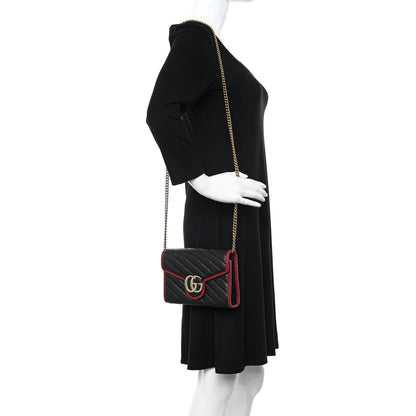 Gucci Vintage Effect Calfskin Matelasse Diagonal Torchon GG Marmont Chain Wallet Black Romantic Cherry 2 of 12