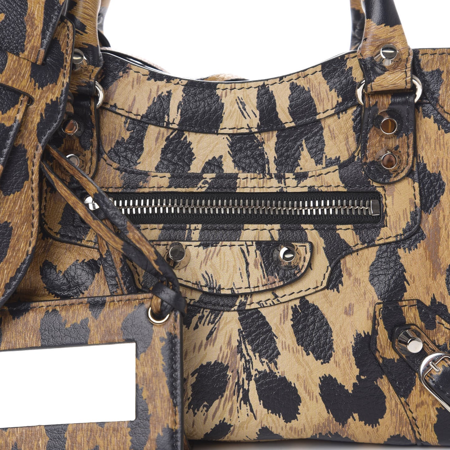 Smooth Calfskin Leopard Print Classic Silver Hardware Mini City Beige
