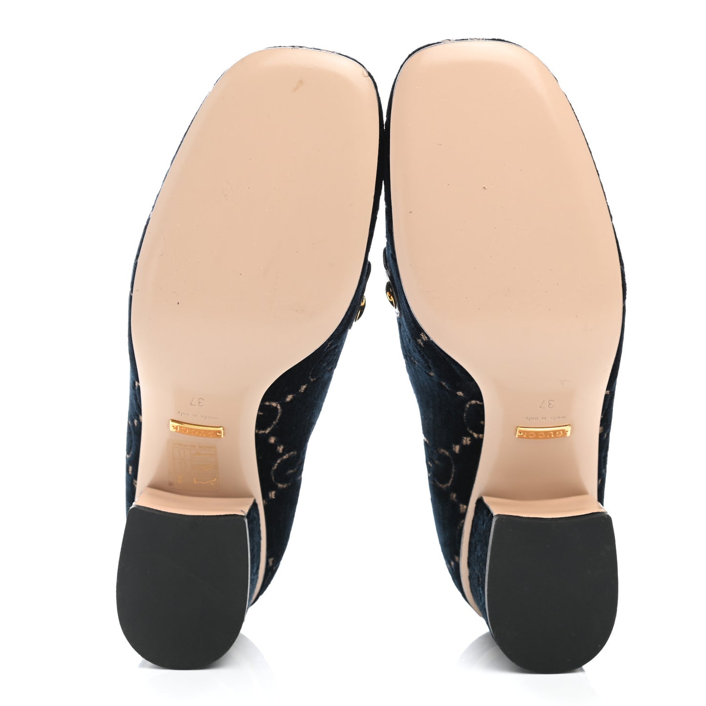 Velvet GG Monogram Sylvie Web Chain Mid Heel Loafers 37 Blue Beige