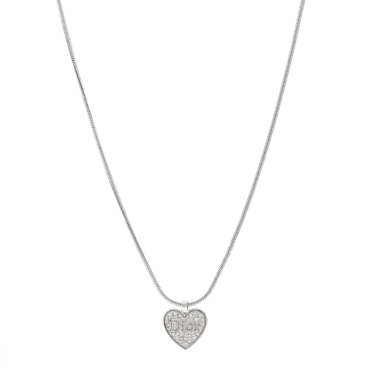 Christian Dior Metal Crystal Logo Heart Pendant Necklace Silver 1 of 5