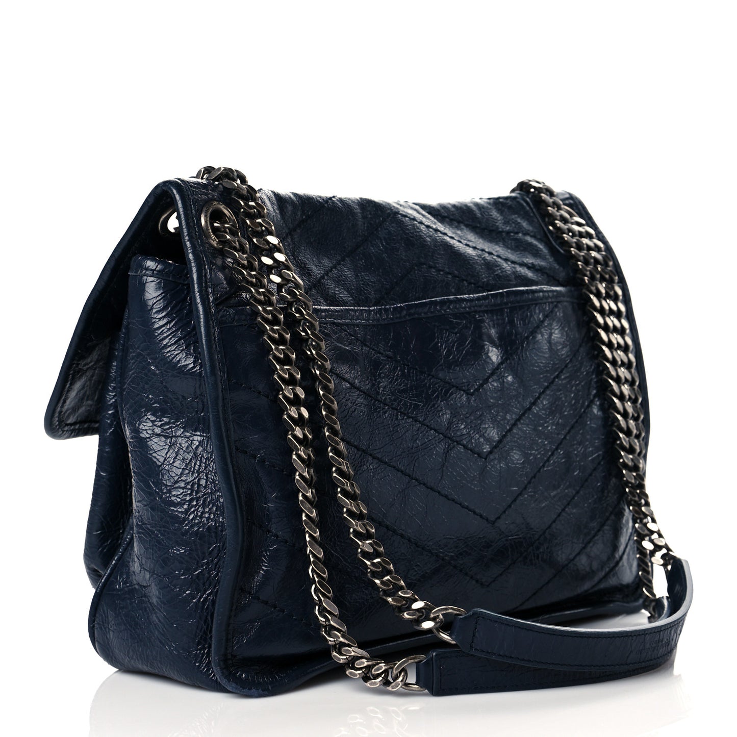 Crinkled Calfskin Matelasse Monogram Medium Niki Chain Satchel Deep Marine