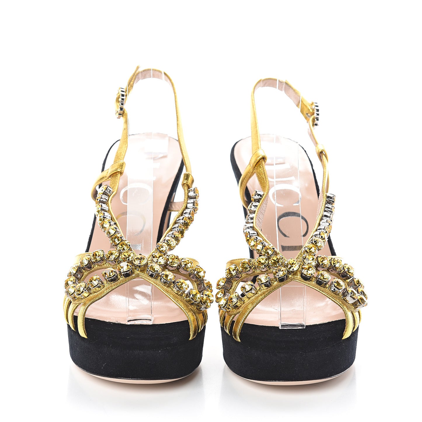Velvet Nappa Crystal Zephyra Slingback Platform High Heel Sandals 36.5 Black Gold