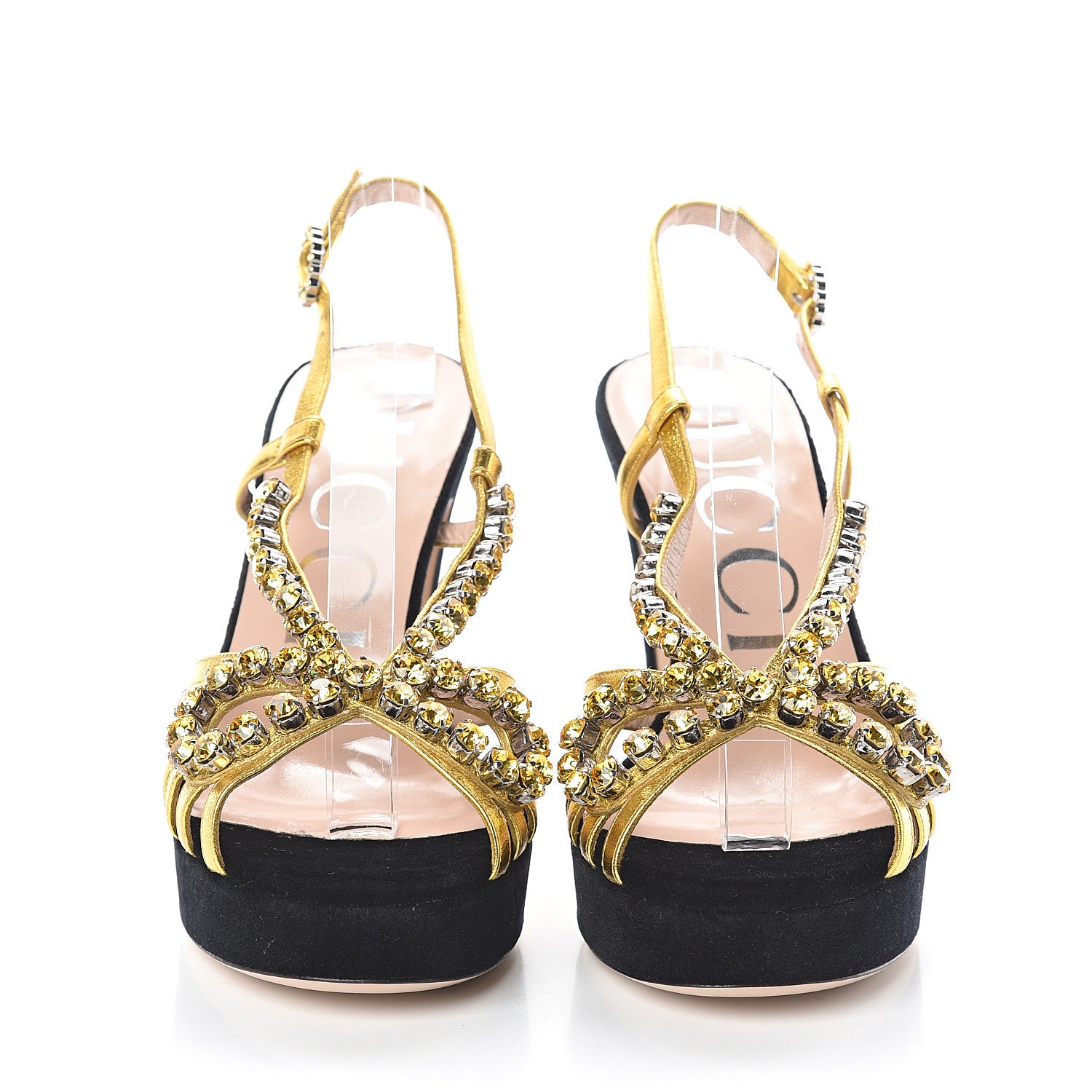 Gucci Velvet Nappa Crystal Zephyra Slingback Platform High Heel Sandals 36.5 Black Gold 2 of 7