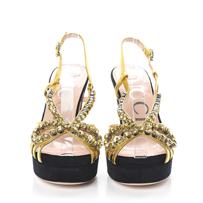Gucci Velvet Nappa Crystal Zephyra Slingback Platform High Heel Sandals 36.5 Black Gold 2 of 7