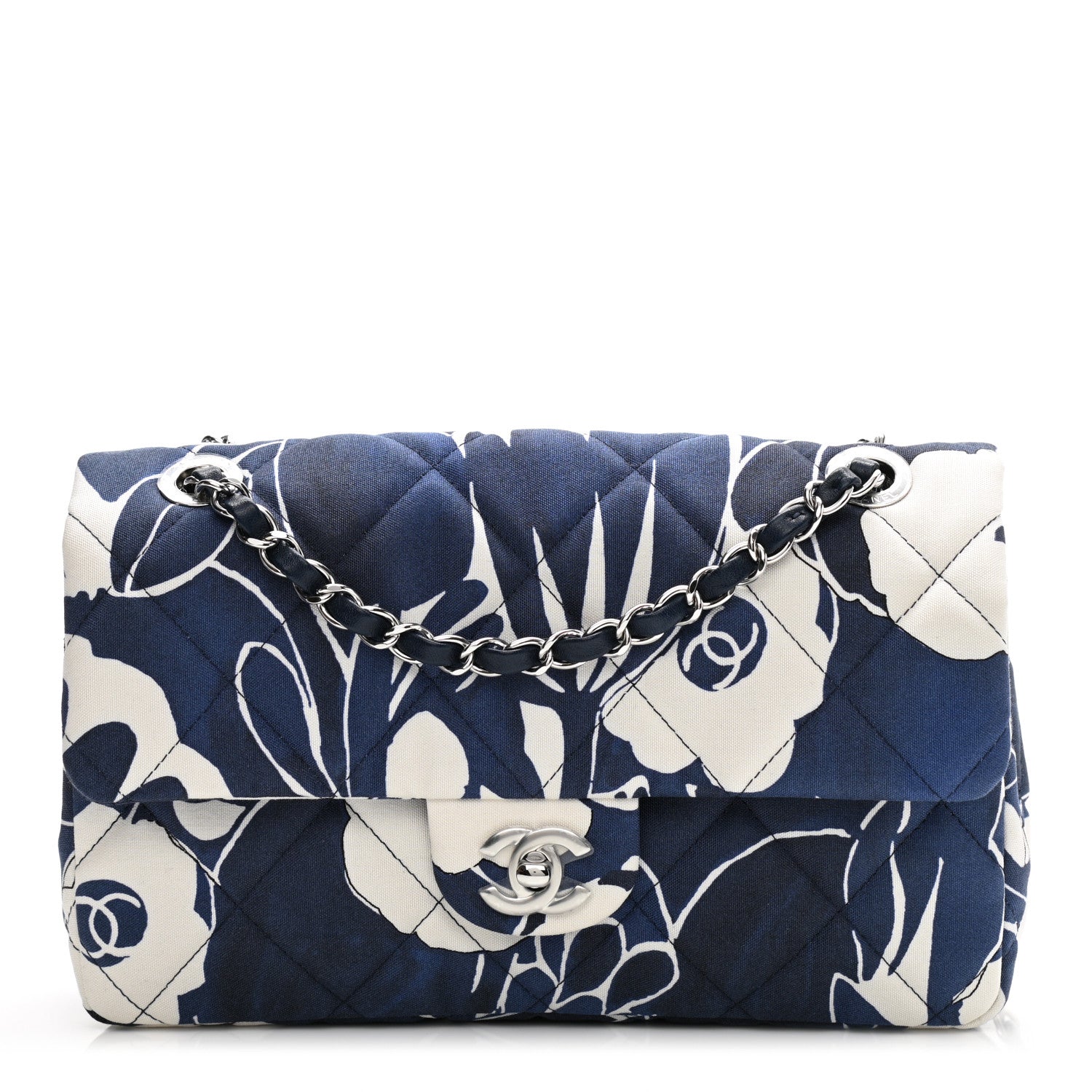 Chanel Floral Printed Silk CC Medium Single Flap Navy Blue White 1 of 11