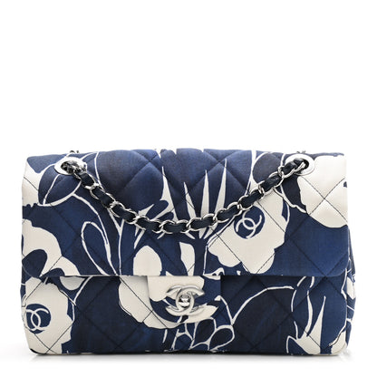 Chanel Floral Printed Silk CC Medium Single Flap Navy Blue White 1 of 11