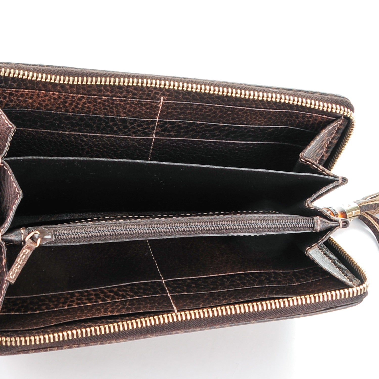 Gucci Monogram Calfskin Bamboo Tassel Zip Around Wallet Beige Ebony Chocolate 5 of 8