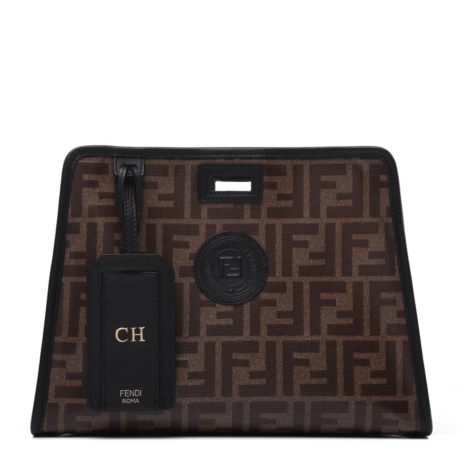 Fendi Glazed Fabric Vitello Century FF 1974 Stamp Patch Mini Peekaboo Defender Cover Mogano Panna Black 1 of 15