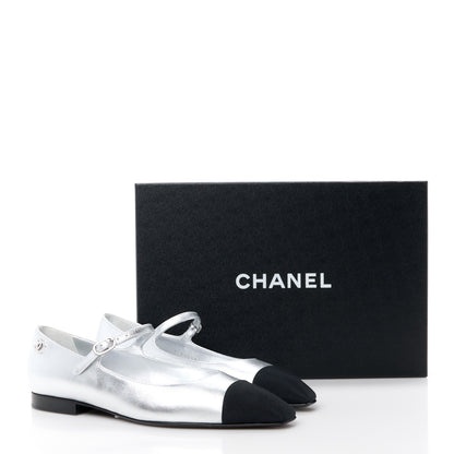 Chanel Calfskin Patent Mary Janes Flats 36 Silver Black 10 of 10