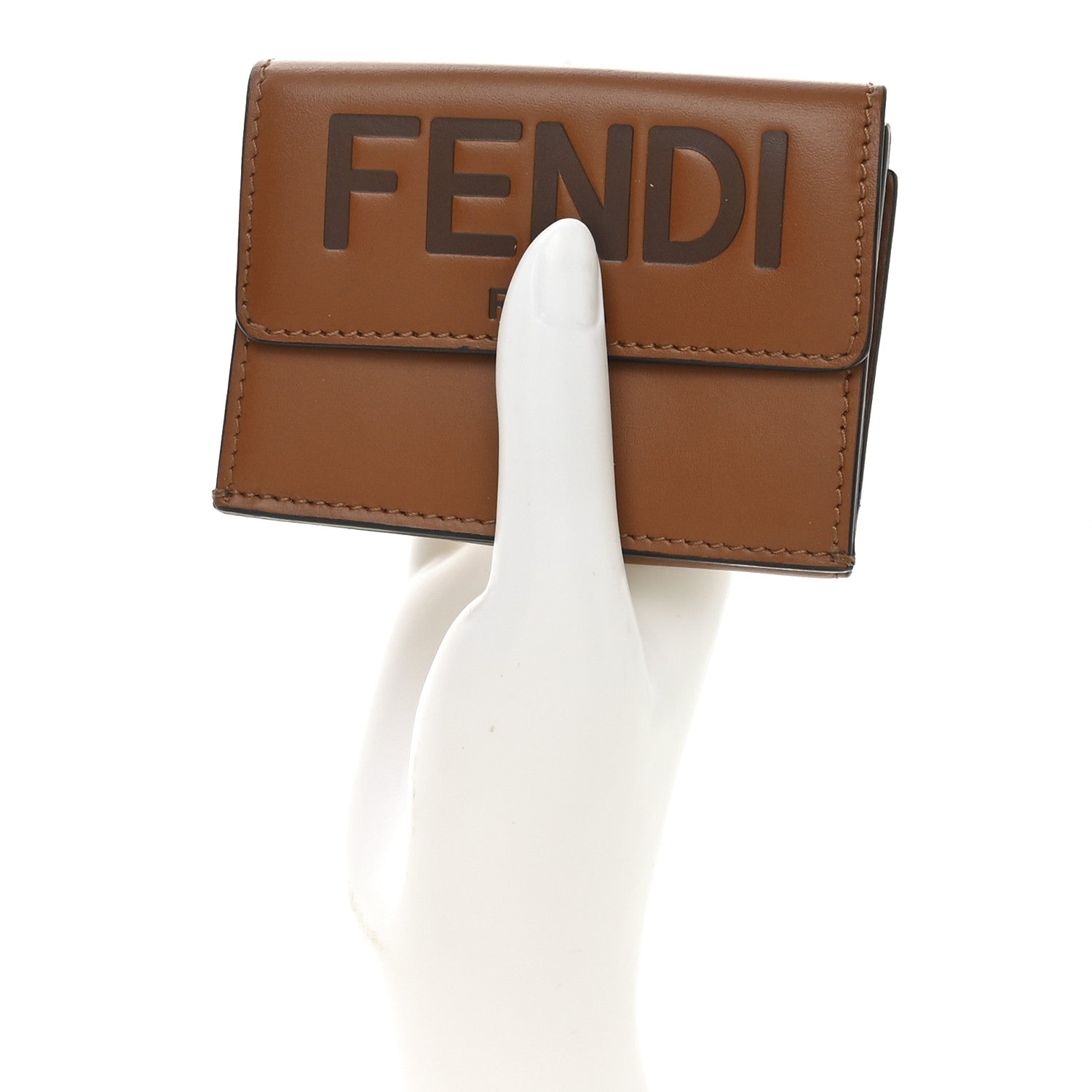 Fendi Vitello King Tamponato Logo Embossed Fold Over Card Holder Wallet Cuoio 2 of 7