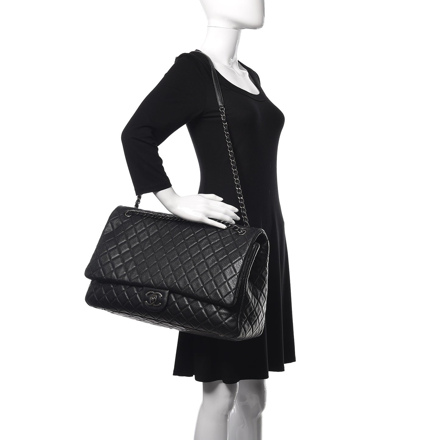 Calfskin Quilted XXL Travel Flap Bag Black