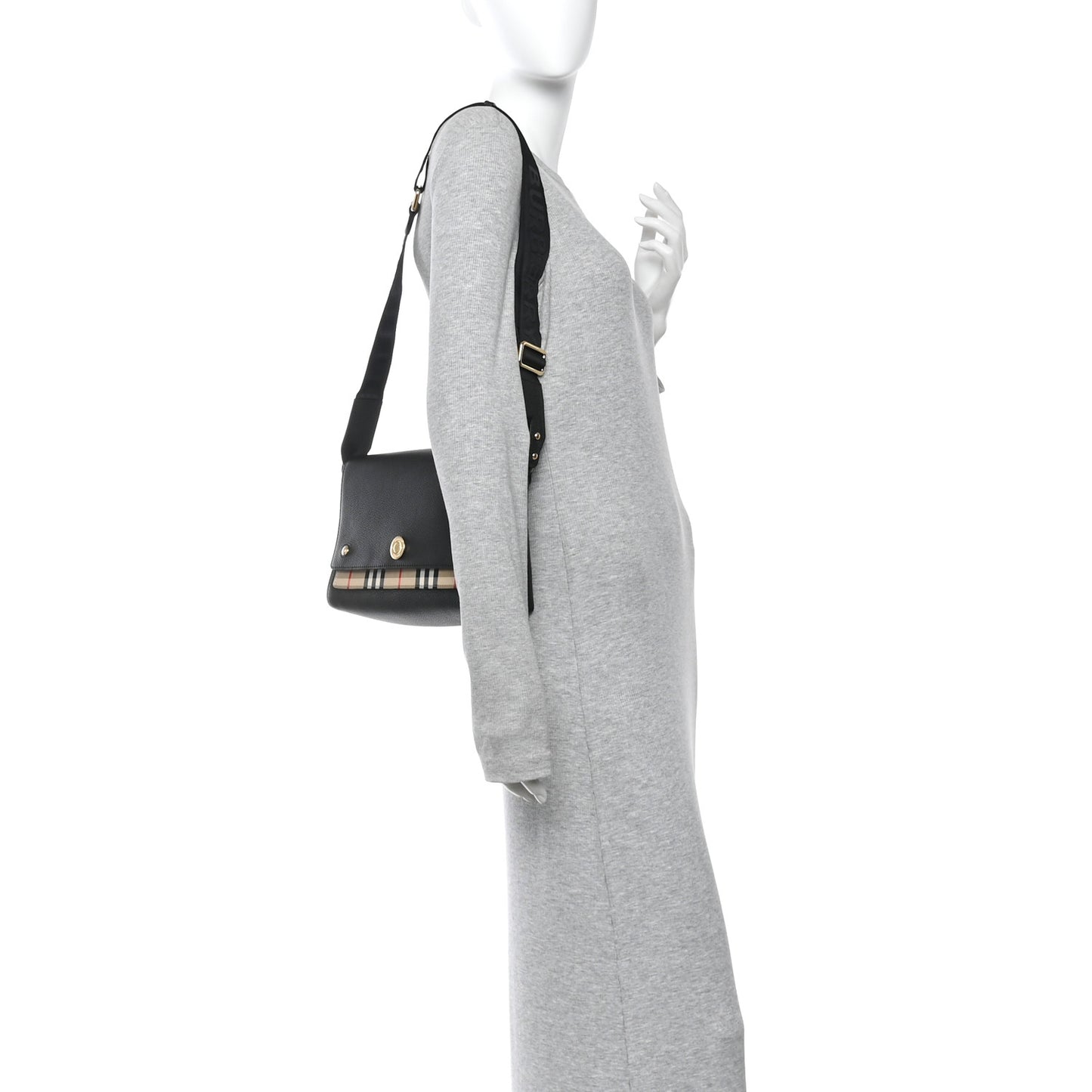 Coated Canvas Calfskin Vintage Check Medium Note Crossbody Bag Black