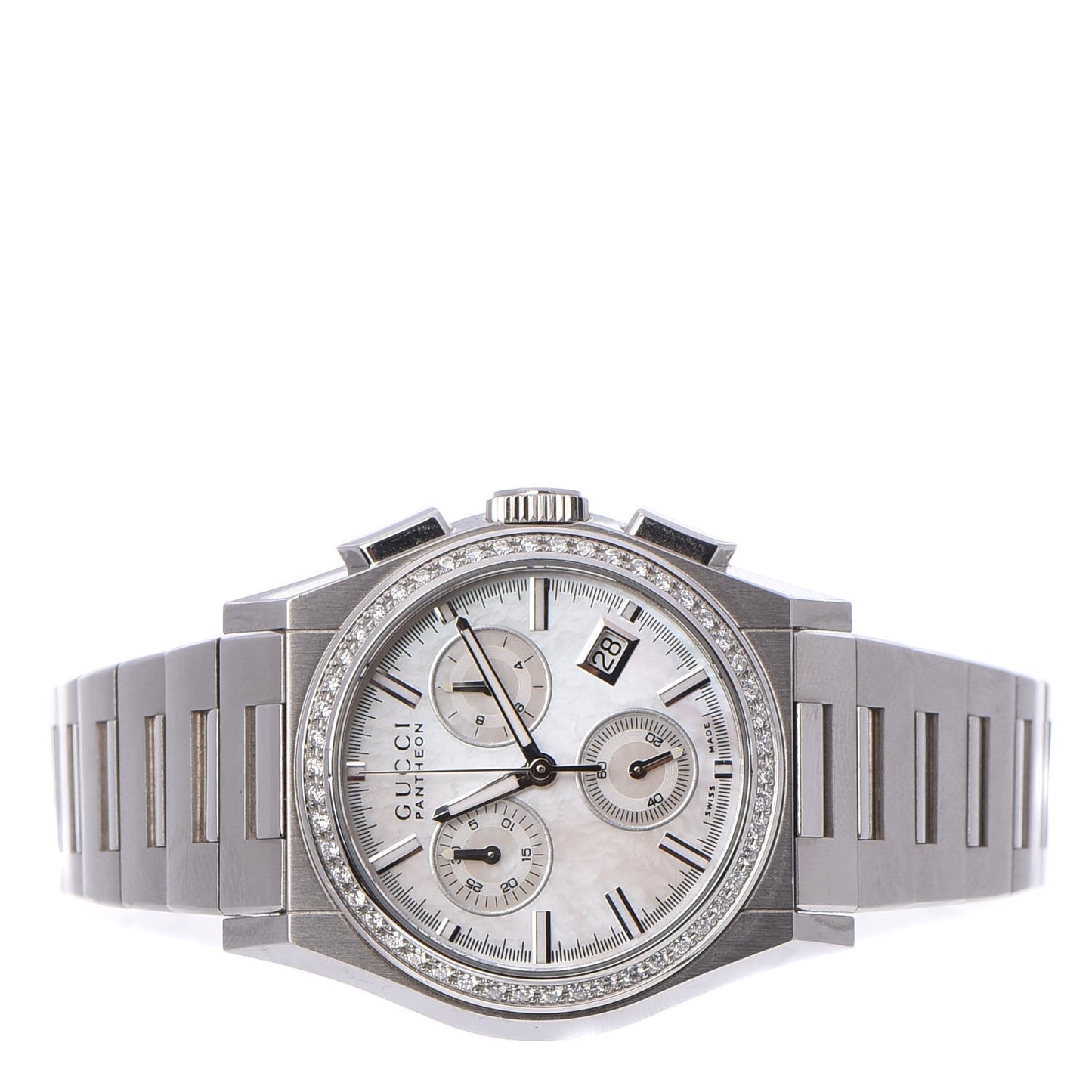 Stainless Steel Diamond Bezel Mother of Pearl 34mm Pantheon Chronograph Quartz Watch