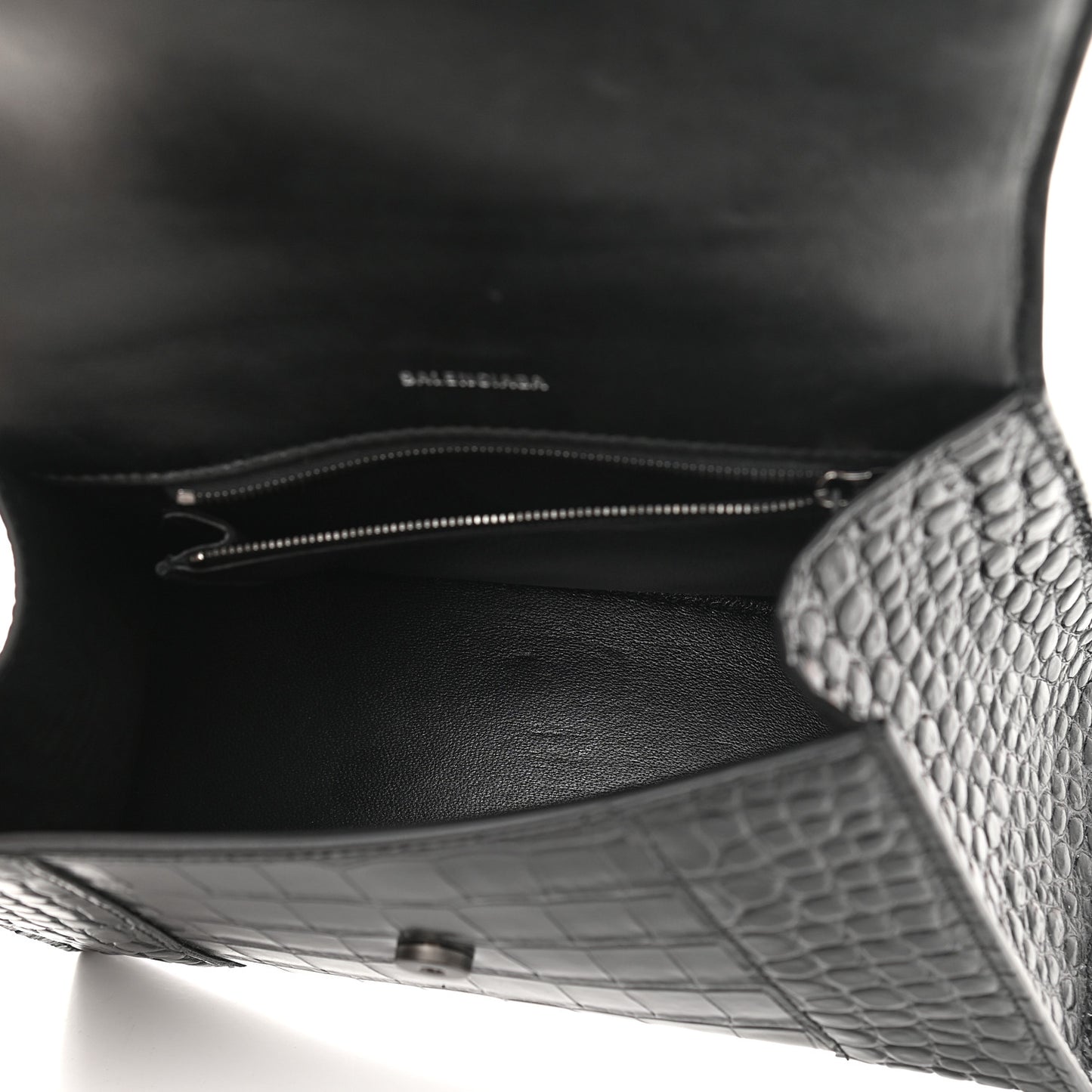 Shiny Calfskin Monochrome Crocodile Embossed Small Hourglass Top Handle Bag Black