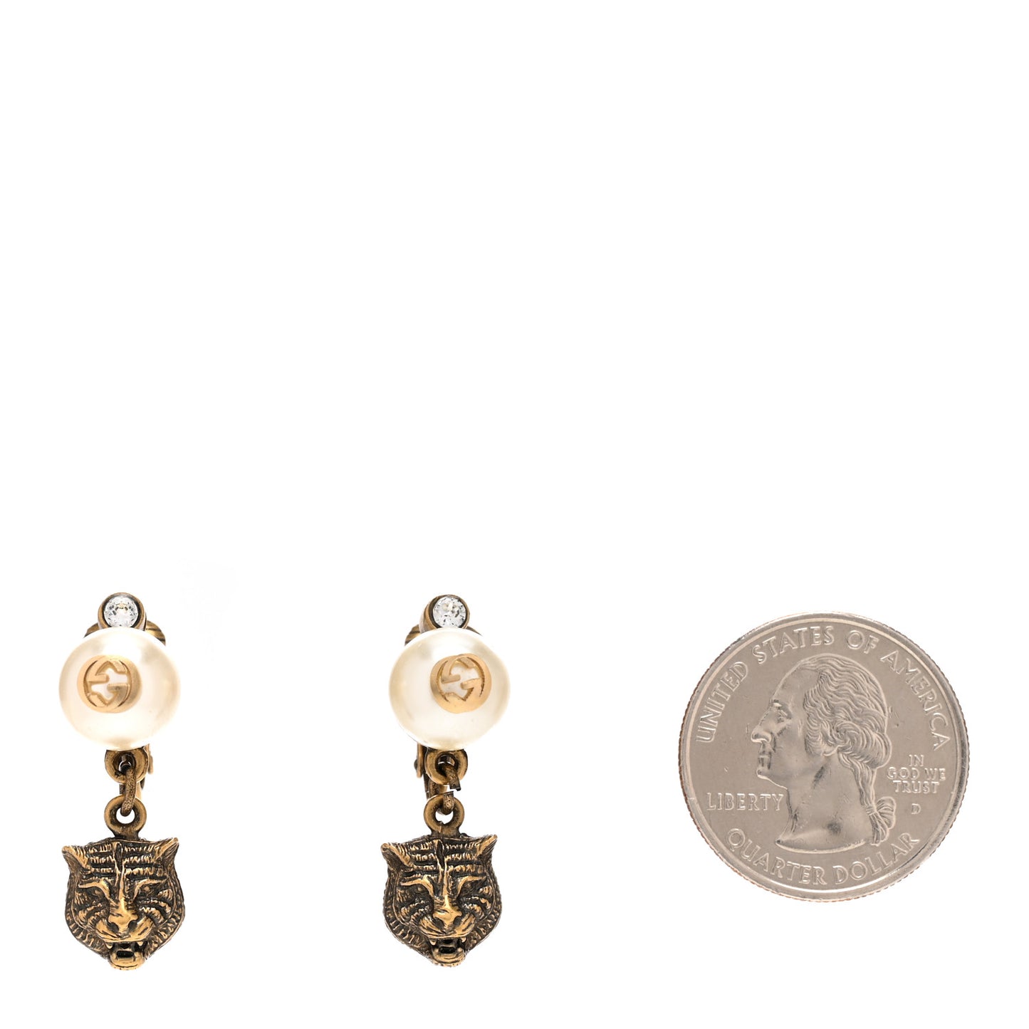 Metal Crystal Resin Pearl Feline Clip On Earrings Aged Gold