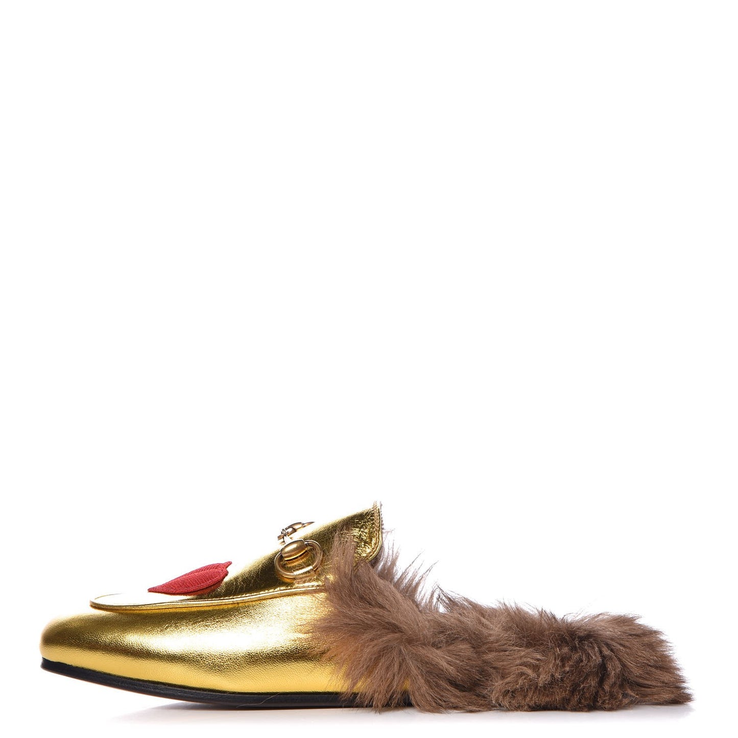 Metallic Nappa Fur Heart and Lips Womens Princetown Slippers 35 Gold
