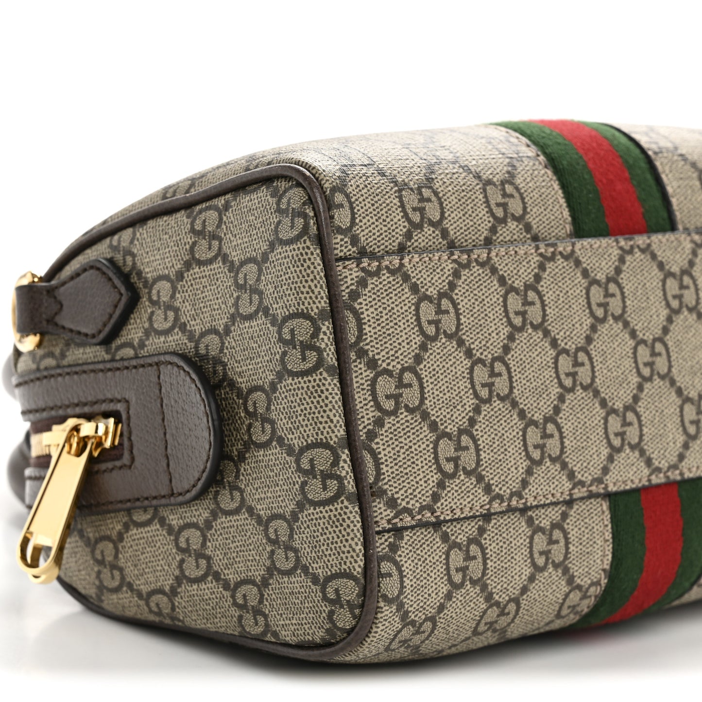 GG Supreme Monogram Textured Dollar Calfskin Web Mini Ophidia Top Handle Bag Beige Dark Brown