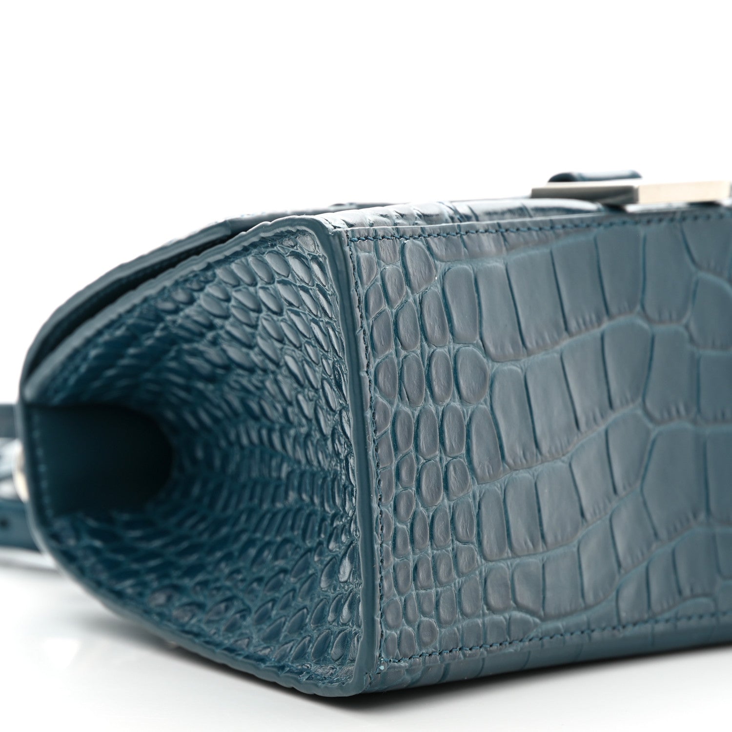 Balenciaga Shiny Calfskin Crocodile Embossed Small Hourglass Top Handle Bag Dark Petrol Blue 9 of 12