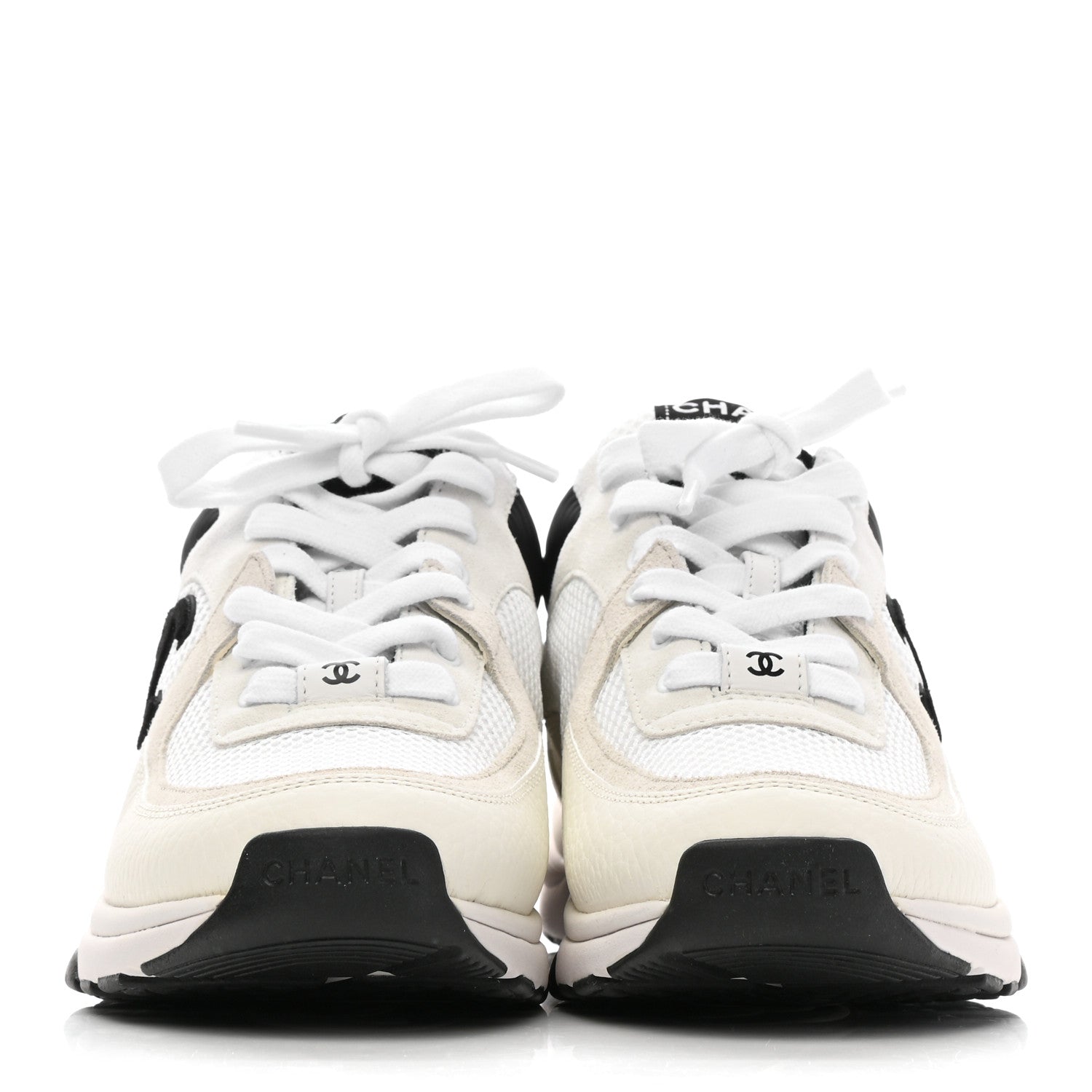 Chanel Mesh Suede Calfskin Grained Calfskin Womens CC Sneakers 38 White Black 2 of 8