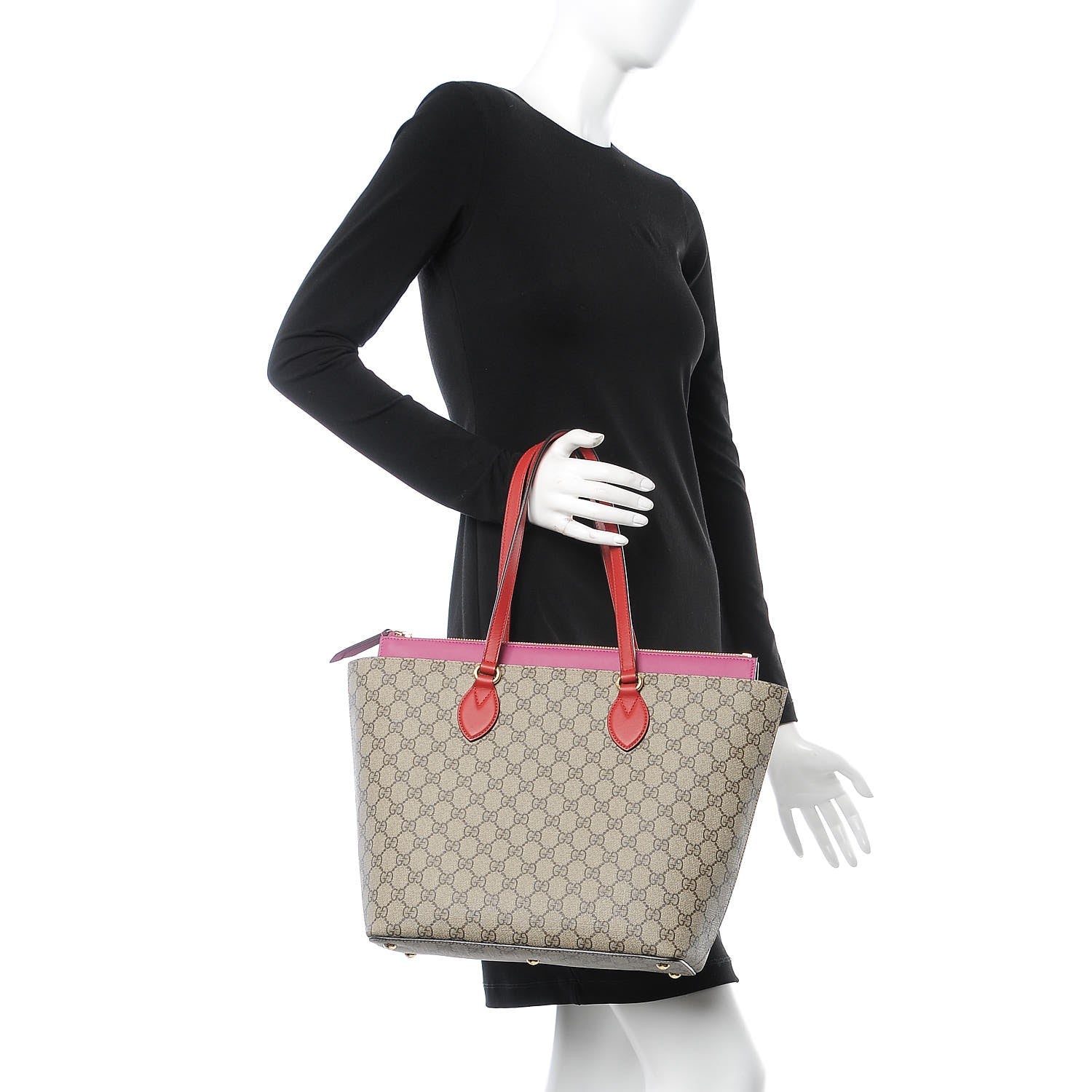 Gucci GG Supreme Monogram Medium Zippered Bucket Tote Beige Hibiscus Red New Rosette 2 of 7