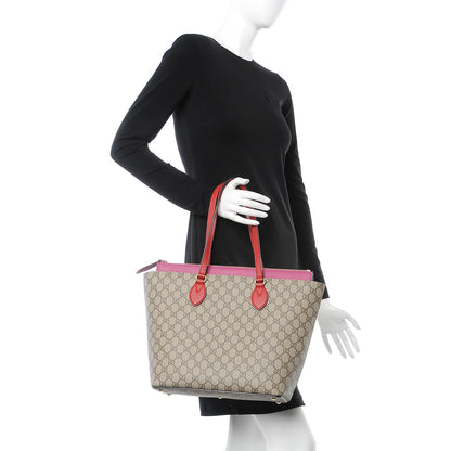 Gucci GG Supreme Monogram Medium Zippered Bucket Tote Beige Hibiscus Red New Rosette 2 of 7