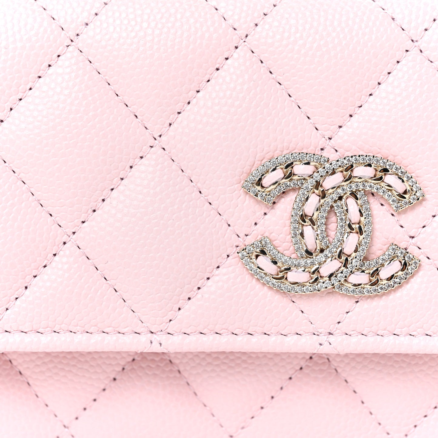 Caviar Quilted Crystal CC Large Gusset Flap Wallet Pink